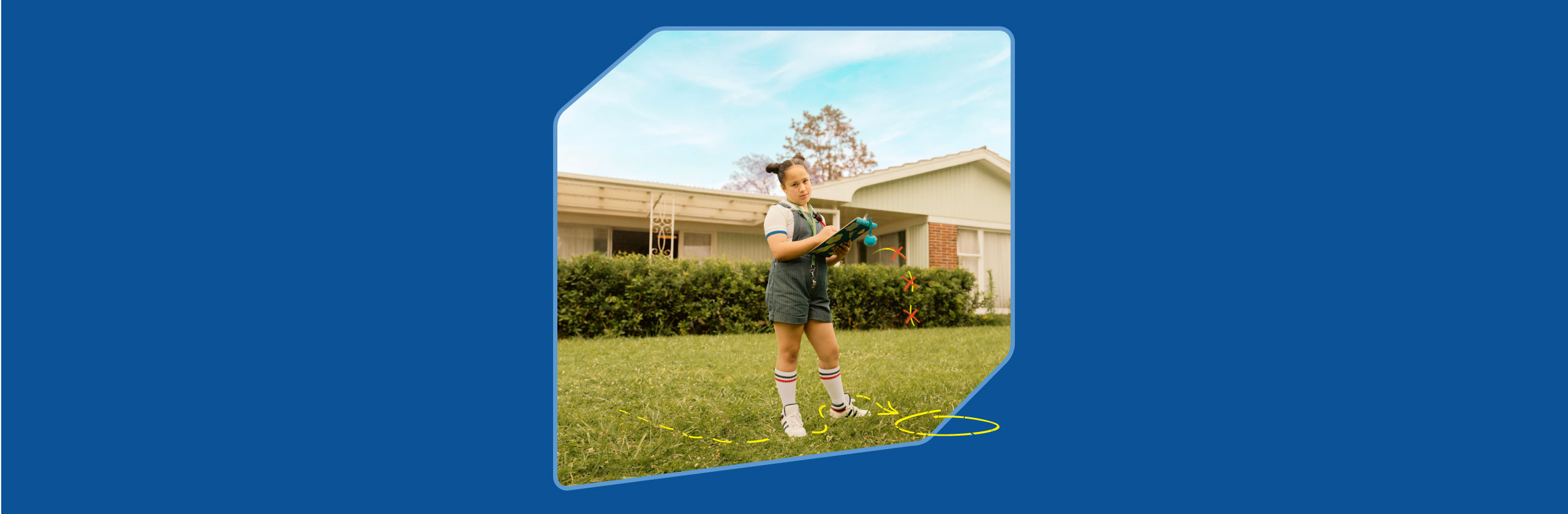 A young girl with a clipboard in front of a house stares down the viewer. Arrows are drawn on the ground to show the best evacuation route.