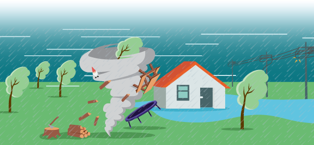 A tornado rushes past a house picking up trees and outdoor objects. It is raining and stormy. To the right of the house the powerlines are broken